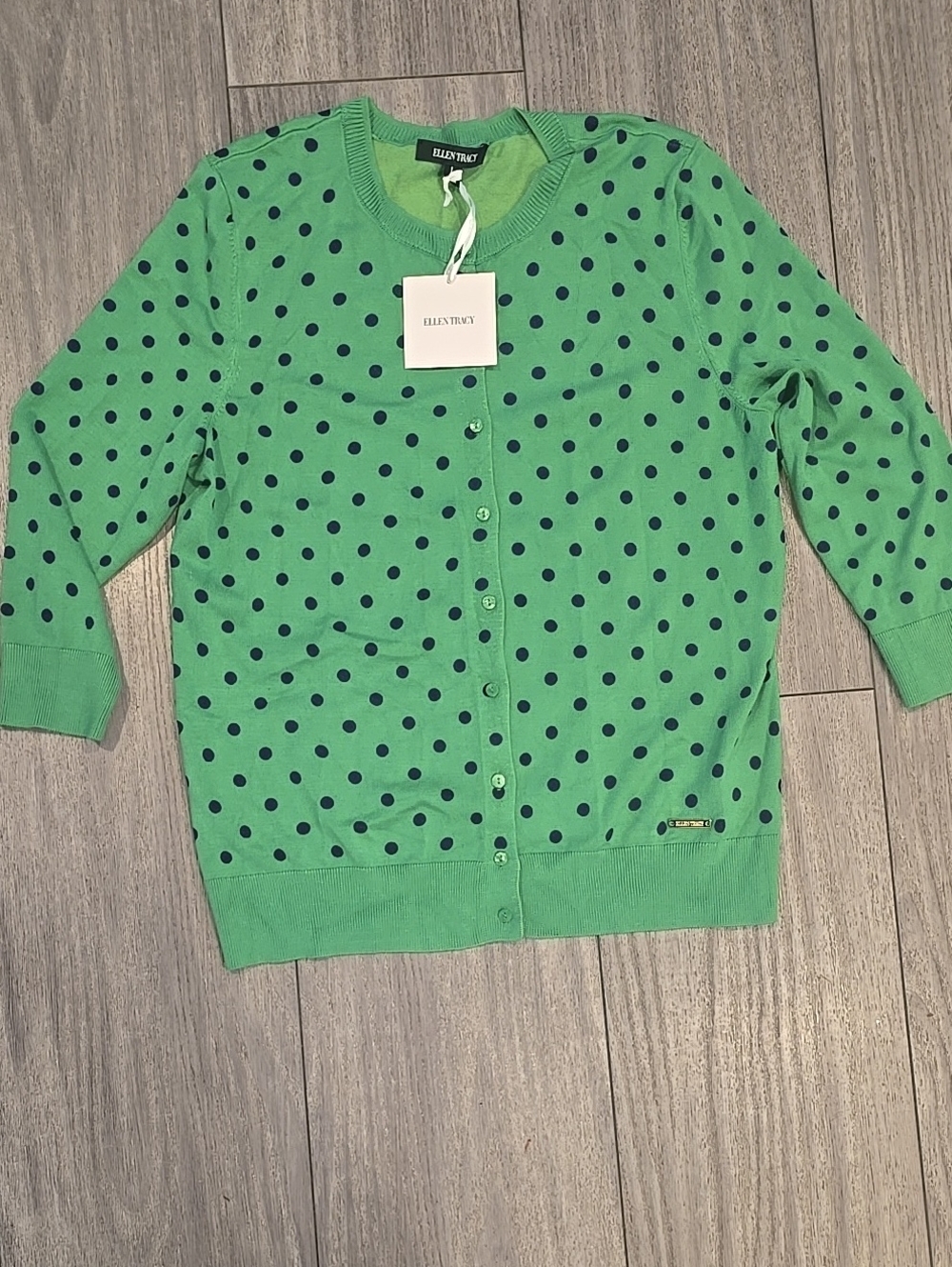 Ellen Tracy Green Cardigan with Navy Polka Dots
